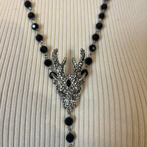 Butler & Wilson Crystal Two Stag Rosary Necklace, Silver and Black